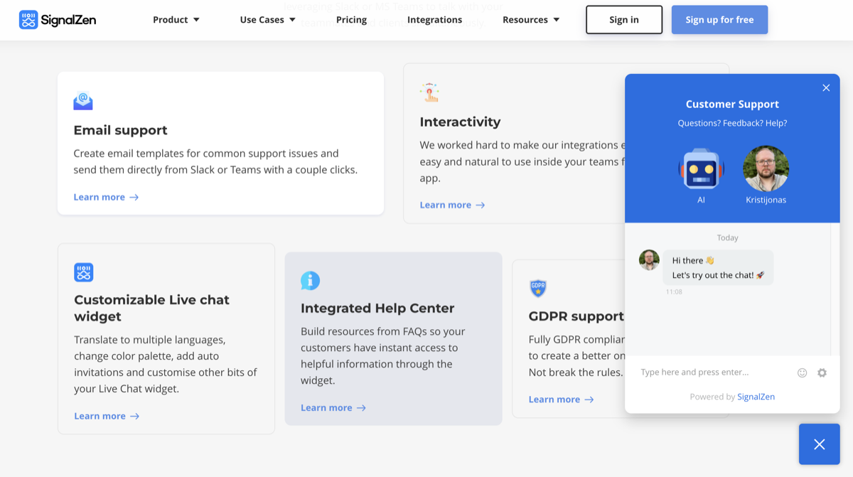 Screenshot of the SignalZen live chat interface